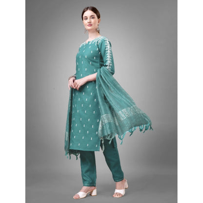 Roneclick Women's Casual 3-4 th Sleeve Embroidery Cotton Kurti Pant Dupatta Set (Teal)