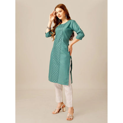 Roneclick Women's Casual 3-4 th Sleeve Embroidery Cotton Kurti Pant Set (Green)