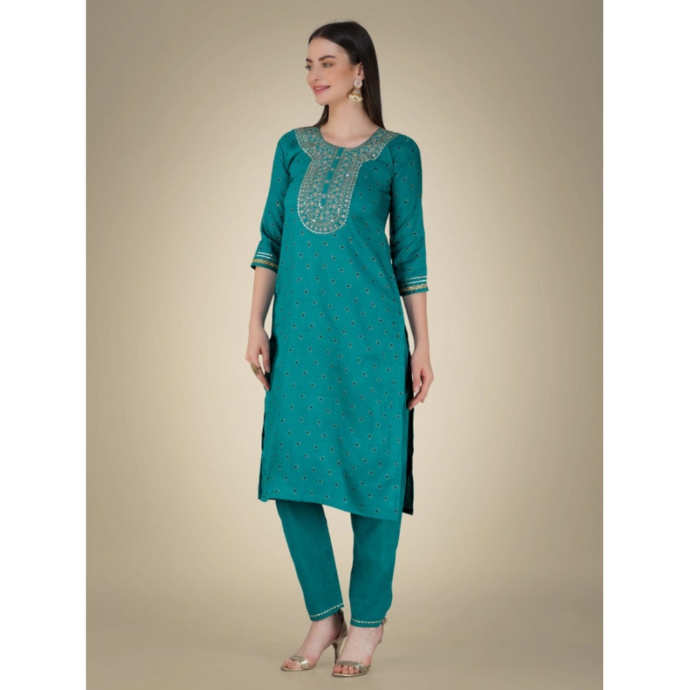 Roneclick Women's Casual 3-4 th Sleeve Embroidery Cotton Kurti Pant Dupatta Set (Light Green)