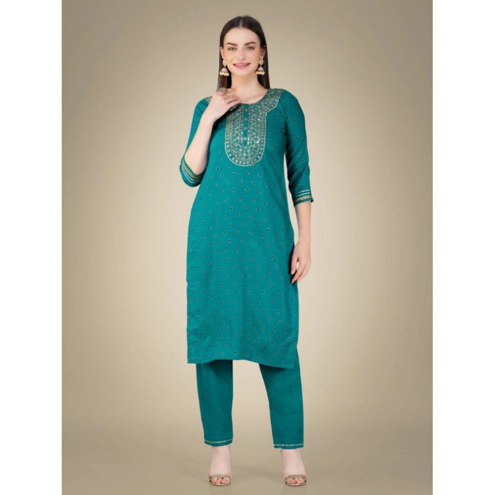 Roneclick Women's Casual 3-4 th Sleeve Embroidery Cotton Kurti Pant Dupatta Set (Light Green)