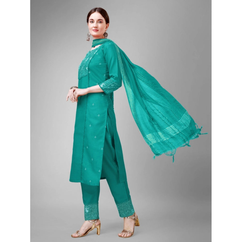 Roneclick Women's Casual 3-4 th Sleeve Embroidery Cotton Kurti Pant Dupatta Set (Rama)