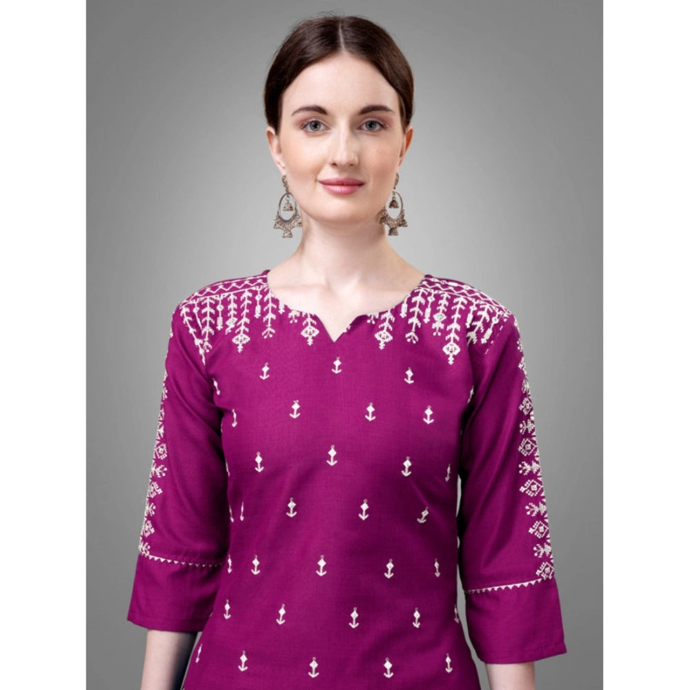 Roneclick Women's Casual 3-4 th Sleeve Embroidery Cotton Kurti Pant Dupatta Set (Purple)