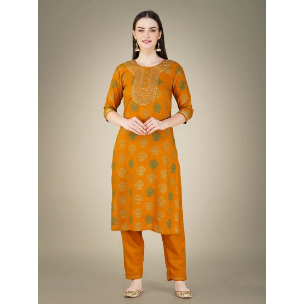 Roneclick Women's Casual 3-4 th Sleeve Embroidery Cotton Kurti Pant Dupatta Set (Yellow)