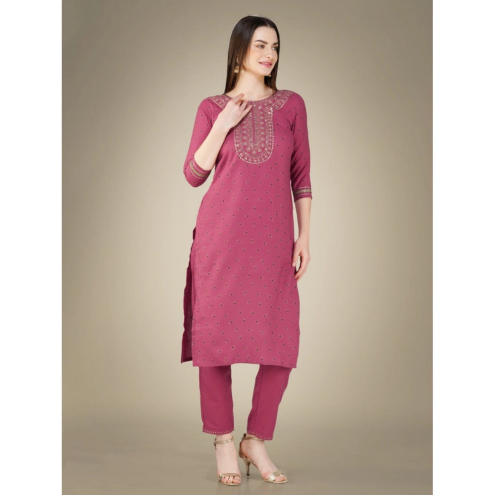 Roneclick Women's Casual 3-4 th Sleeve Embroidery Cotton Kurti Pant Dupatta Set (Wine)