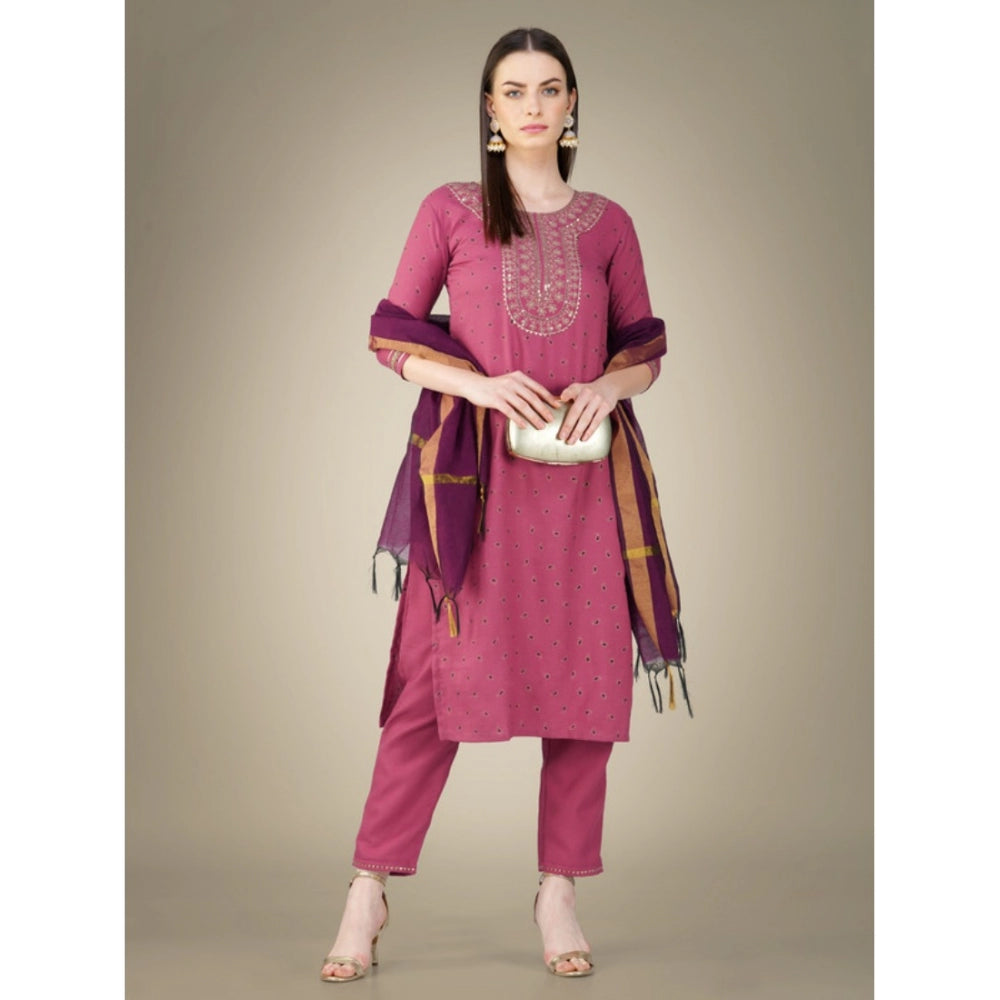 Roneclick Women's Casual 3-4 th Sleeve Embroidery Cotton Kurti Pant Dupatta Set (Wine)