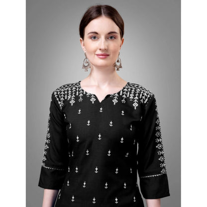 Roneclick Women's Casual 3-4 th Sleeve Embroidery Cotton Kurti Pant Dupatta Set (Black)