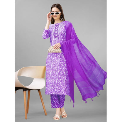 Roneclick Women's Casual 3-4 th Sleeve Embroidery Rayon Kurti Pant Dupatta Set (Purple)