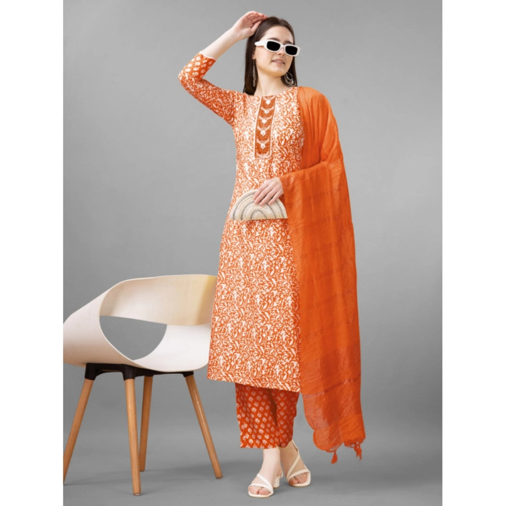 Roneclick Women's Casual 3-4 th Sleeve Embroidery Rayon Kurti Pant Dupatta Set (Orange)