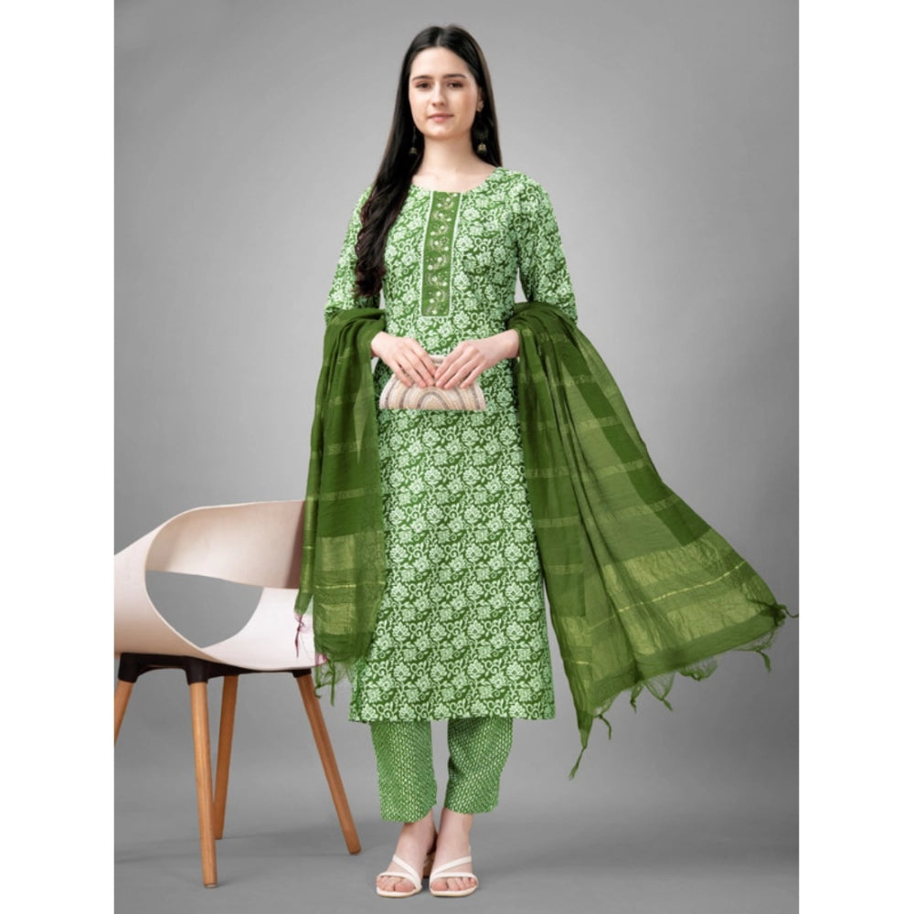 Roneclick Women's Casual 3-4 th Sleeve Embroidery Rayon Kurti Pant Dupatta Set (Green)