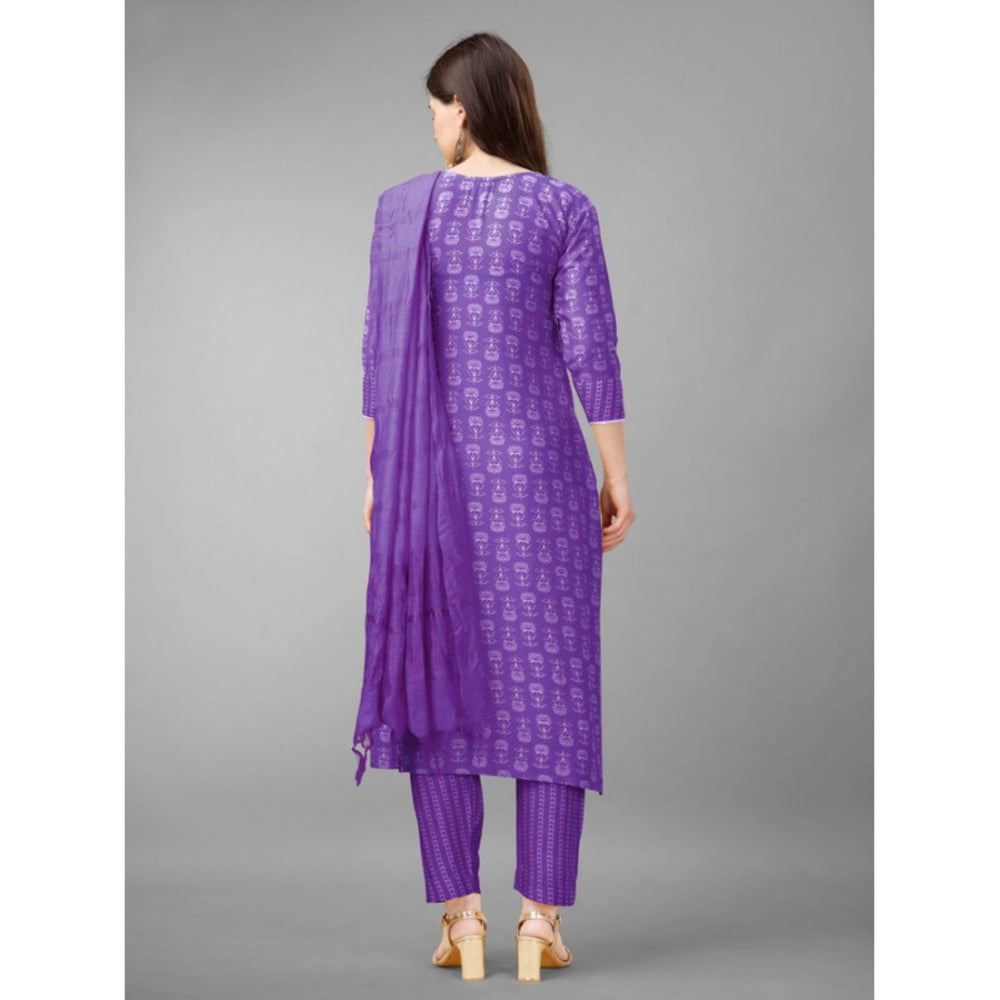 Roneclick Women's Casual 3-4 th Sleeve Embroidery Rayon Kurti Pant Dupatta Set (Purple)