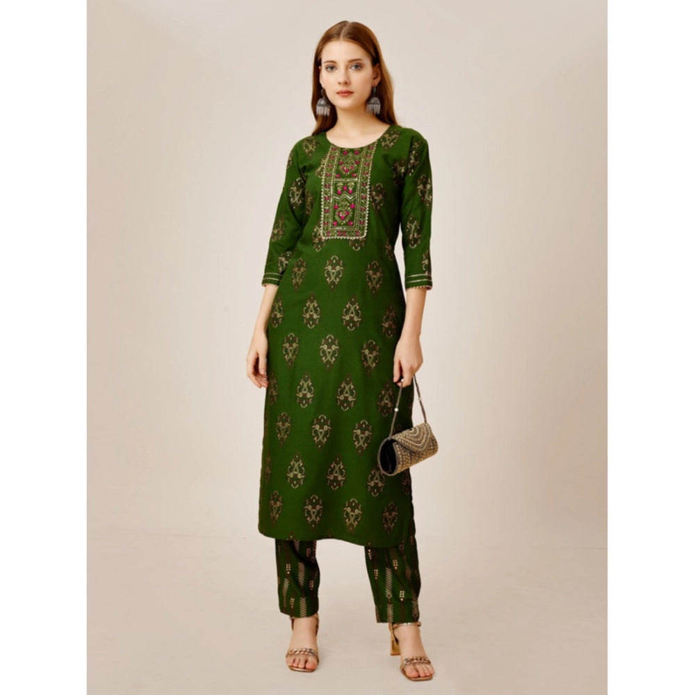 Roneclick Women's Casual 3-4 th Sleeve Embroidery Rayon Kurti Pant Set (Green)