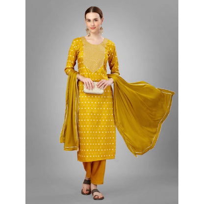 Roneclick Women's Casual 3-4 th Sleeve Embroidery Silk Blend Kurti Pant Dupatta Set (Golden)