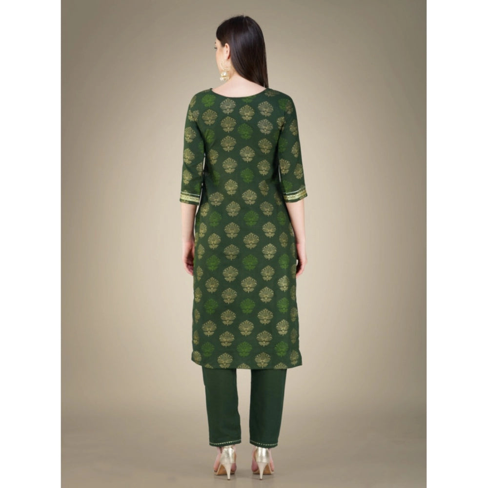 Roneclick Women's Casual 3-4 th Sleeve Embroidery Cotton Kurti Pant Dupatta Set (Dark Green)