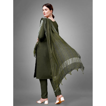 Roneclick Women's Casual 3-4 th Sleeve Embroidery Cotton Kurti Pant Dupatta Set (Dark Green)