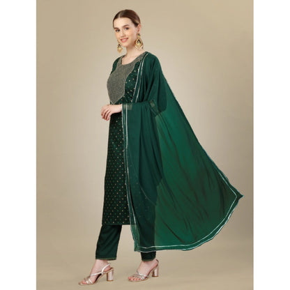 Roneclick Women's Casual 3-4 th Sleeve Embroidery Silk Blend Kurti Pant Dupatta Set (Dark Green)