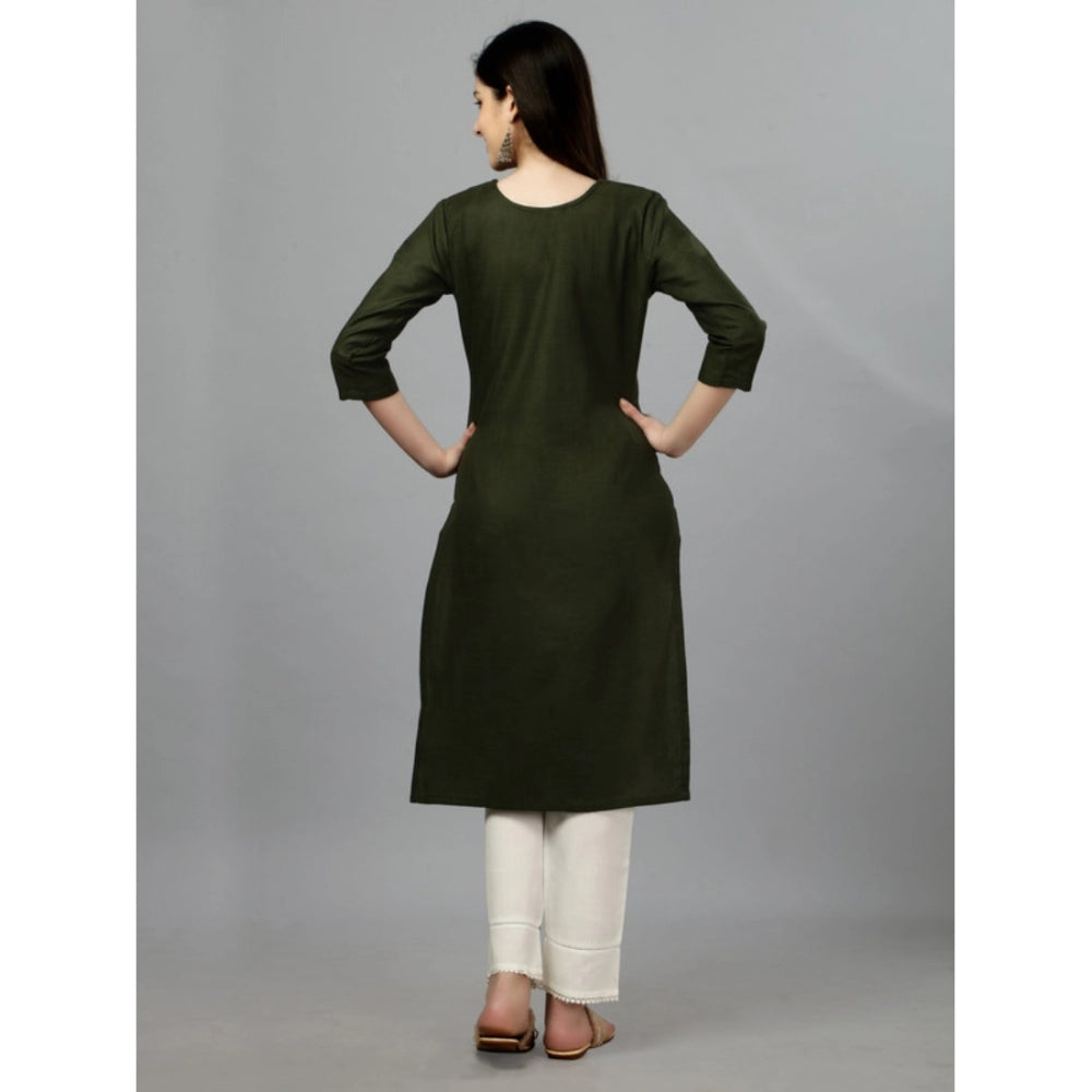 Roneclick Women's Casual 3-4 th Sleeve Embroidery Cotton Kurti (Dark Green)