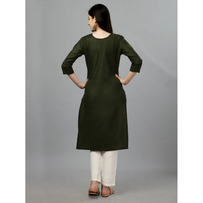 Roneclick Women's Casual 3-4 th Sleeve Embroidery Cotton Kurti (Dark Green)