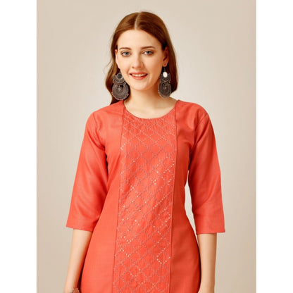 Roneclick Women's Casual 3-4 th Sleeve Embroidery Cotton Kurti Pant Set (Orange)