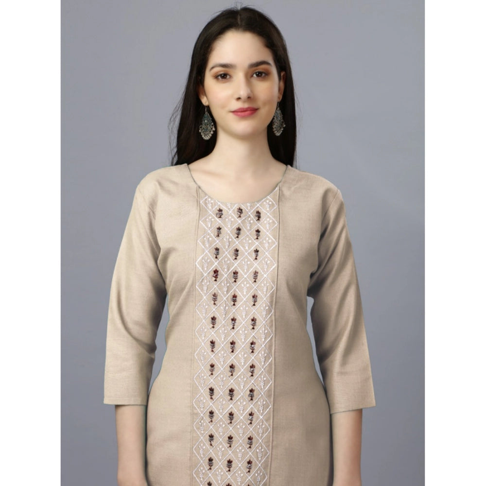 Roneclick Women's Casual 3-4 th Sleeve Embroidery Cotton Kurti (Beige)