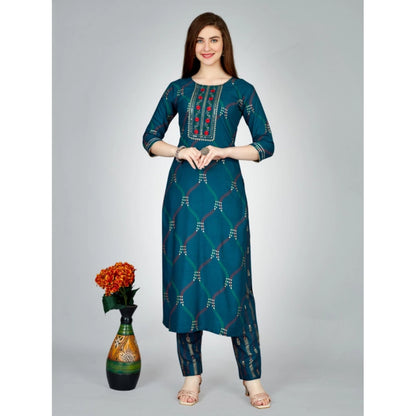 Roneclick Women's Casual 3-4 th Sleeve Embroidery Rayon Kurti Pant Set (Dark Blue)