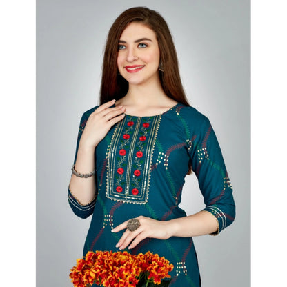 Roneclick Women's Casual 3-4 th Sleeve Embroidery Rayon Kurti Pant Set (Dark Blue)