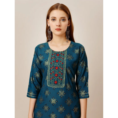 Roneclick Women's Casual 3-4 th Sleeve Embroidery Rayon Kurti Pant Set (Blue)