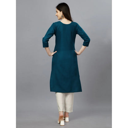 Roneclick Women's Casual 3-4 th Sleeve Embroidery Cotton Kurti (Blue )