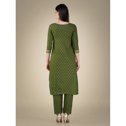 Roneclick Women's Casual 3-4 th Sleeve Embroidery Cotton Kurti Pant Dupatta Set (Green)