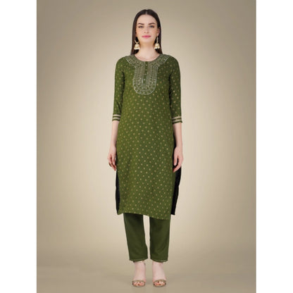 Roneclick Women's Casual 3-4 th Sleeve Embroidery Cotton Kurti Pant Dupatta Set (Green)