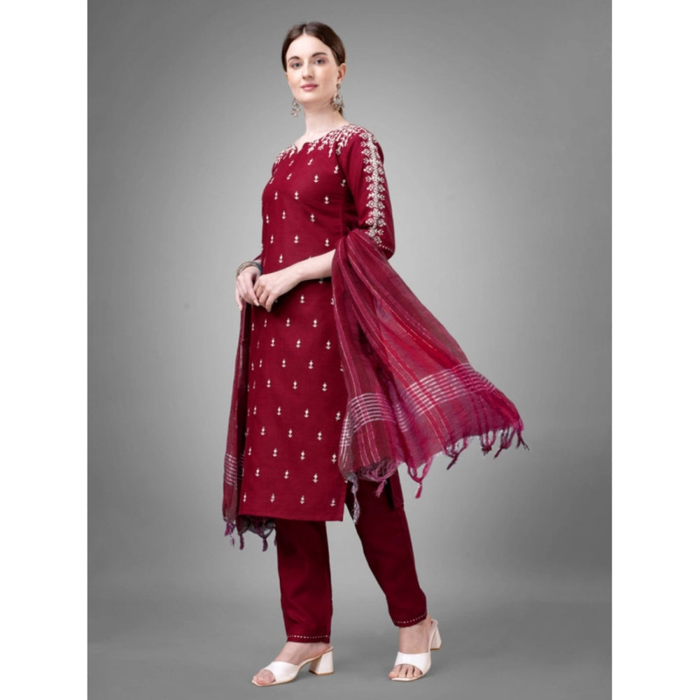 Roneclick Women's Casual 3-4 th Sleeve Embroidery Cotton Kurti Pant Dupatta Set (Maroon)