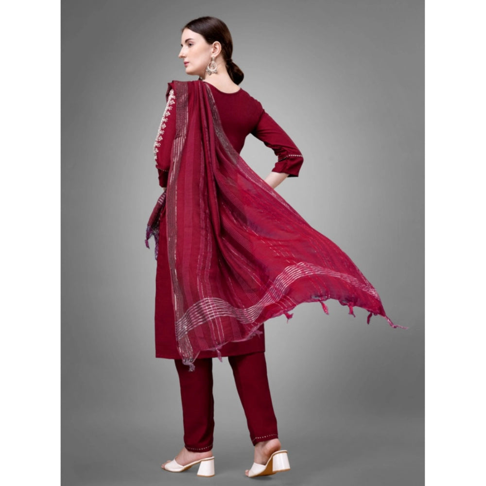 Roneclick Women's Casual 3-4 th Sleeve Embroidery Cotton Kurti Pant Dupatta Set (Maroon)