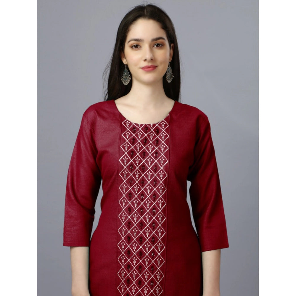 Roneclick Women's Casual 3-4 th Sleeve Embroidery Cotton Kurti (Maroon)