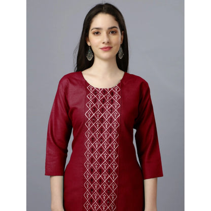 Roneclick Women's Casual 3-4 th Sleeve Embroidery Cotton Kurti (Maroon)