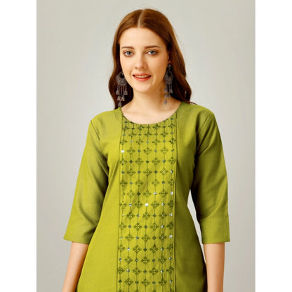 Roneclick Women's Casual 3-4 th Sleeve Embroidery Cotton Kurti Pant Set (Green)