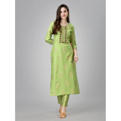 Roneclick Women's Casual 3-4 th Sleeve Embroidery Rayon Kurti Pant Set (Light Green)