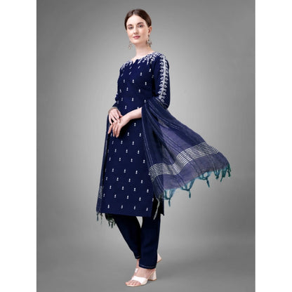 Roneclick Women's Casual 3-4 th Sleeve Embroidery Cotton Kurti Pant Dupatta Set (Dark Blue)