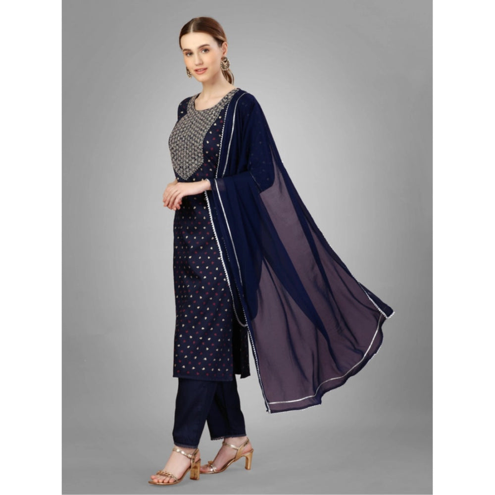 Roneclick Women's Casual 3-4 th Sleeve Embroidery Silk Blend Kurti Pant Dupatta Set (Navy Blue)