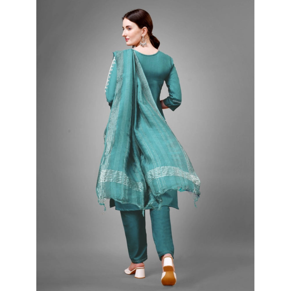 Roneclick Women's Casual 3-4 th Sleeve Embroidery Cotton Kurti Pant Dupatta Set (Teal)