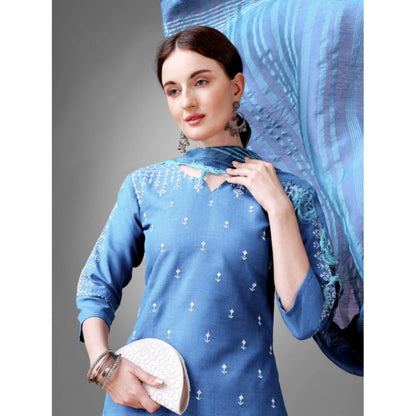 Roneclick Women's Casual 3-4 th Sleeve Embroidery Cotton Kurti Pant Dupatta Set (Sky Blue)