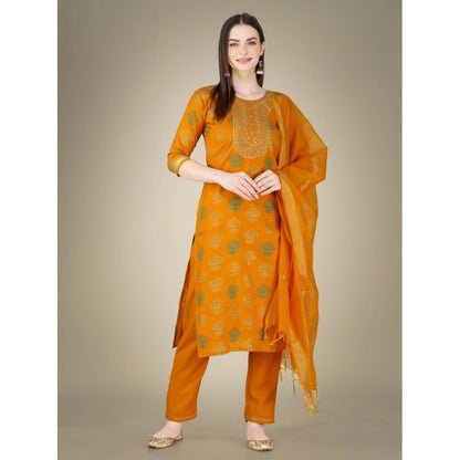 Roneclick Women's Casual 3-4 th Sleeve Embroidery Cotton Kurti Pant Dupatta Set (Yellow)