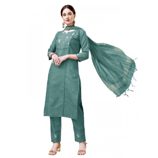 Roneclick Women's Casual 3-4 th Sleeve Embroidery Cotton Kurti Pant Dupatta Set (Teal)