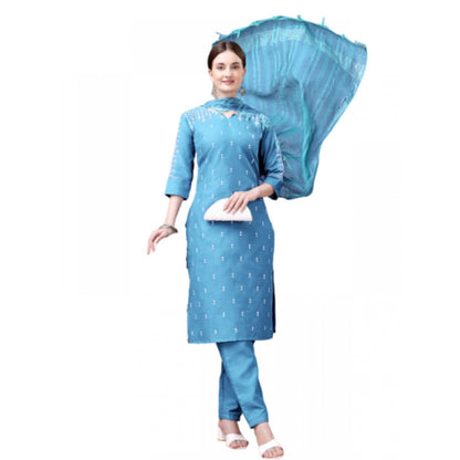 Roneclick Women's Casual 3-4 th Sleeve Embroidery Cotton Kurti Pant Dupatta Set (Sky Blue)