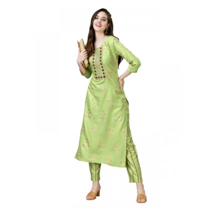 Roneclick Women's Casual 3-4 th Sleeve Embroidery Rayon Kurti Pant Set (Light Green)