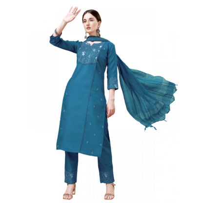 Roneclick Women's Casual 3-4 th Sleeve Embroidery Cotton Kurti Pant Dupatta Set (Blue )