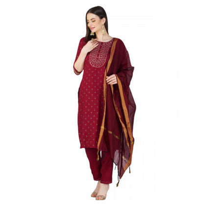 Roneclick Women's Casual 3-4 th Sleeve Embroidery Cotton Kurti Pant Dupatta Set (Maroon)