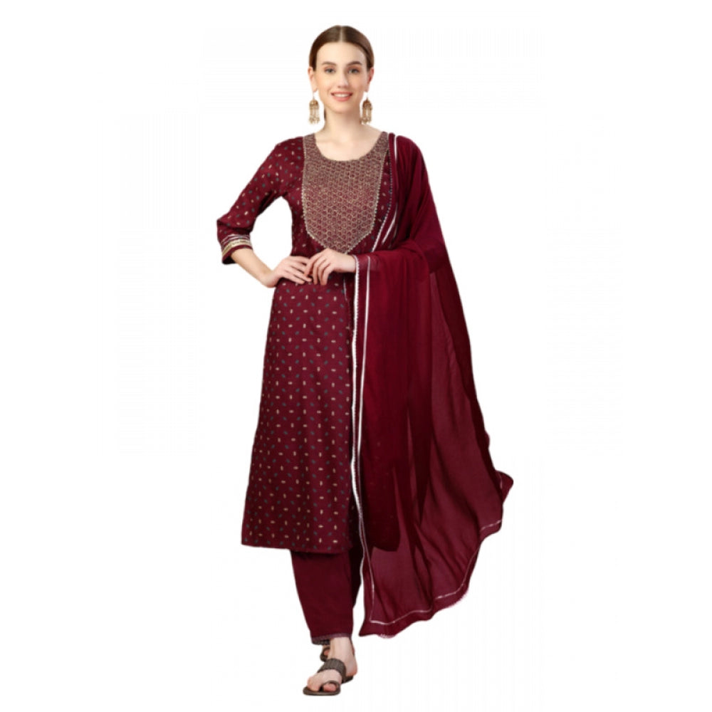 Roneclick Women's Casual 3-4 th Sleeve Embroidery Silk Blend Kurti Pant Dupatta Set (Maroon)