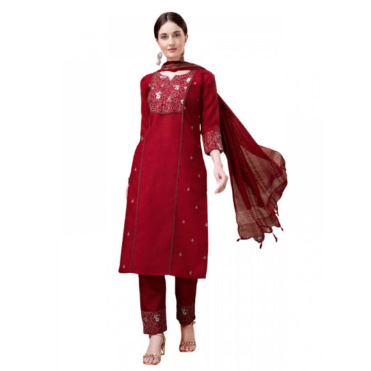 Roneclick Women's Casual 3-4 th Sleeve Embroidery Cotton Kurti Pant Dupatta Set (Maroon)