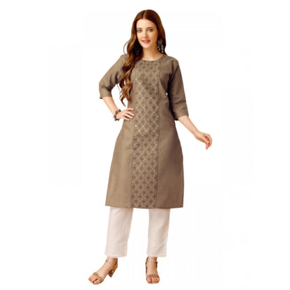 Roneclick Women's Casual 3-4 th Sleeve Embroidery Cotton Kurti Pant Set (Beige)