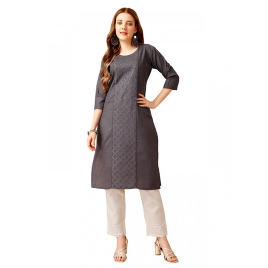 Roneclick Women's Casual 3-4 th Sleeve Embroidery Cotton Kurti Pant Set (Grey)