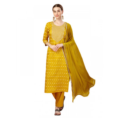 Roneclick Women's Casual 3-4 th Sleeve Embroidery Silk Blend Kurti Pant Dupatta Set (Golden)